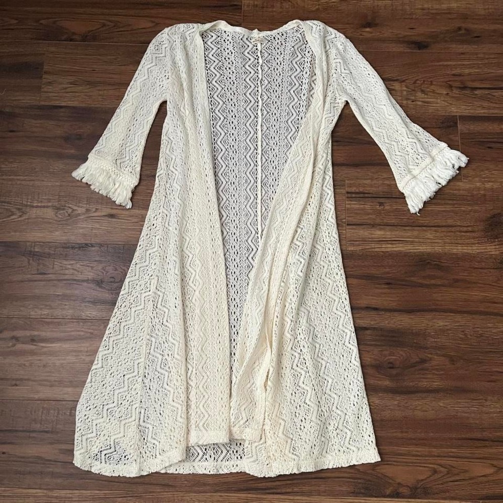 Hollister Cream Long Duster Crochet Cardigan Fringe Bell Sleeves Boho Western S